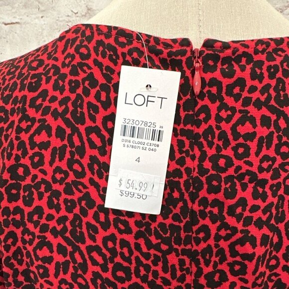 LOFT Womens Midi Dress Size 4 Red Animal Print Cheetah Long Sleeve Side Slit NEW - Picture 8 of 11
